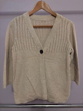Beige V-Neck One-Button 3/4 Sleeves Cardigan Sweater